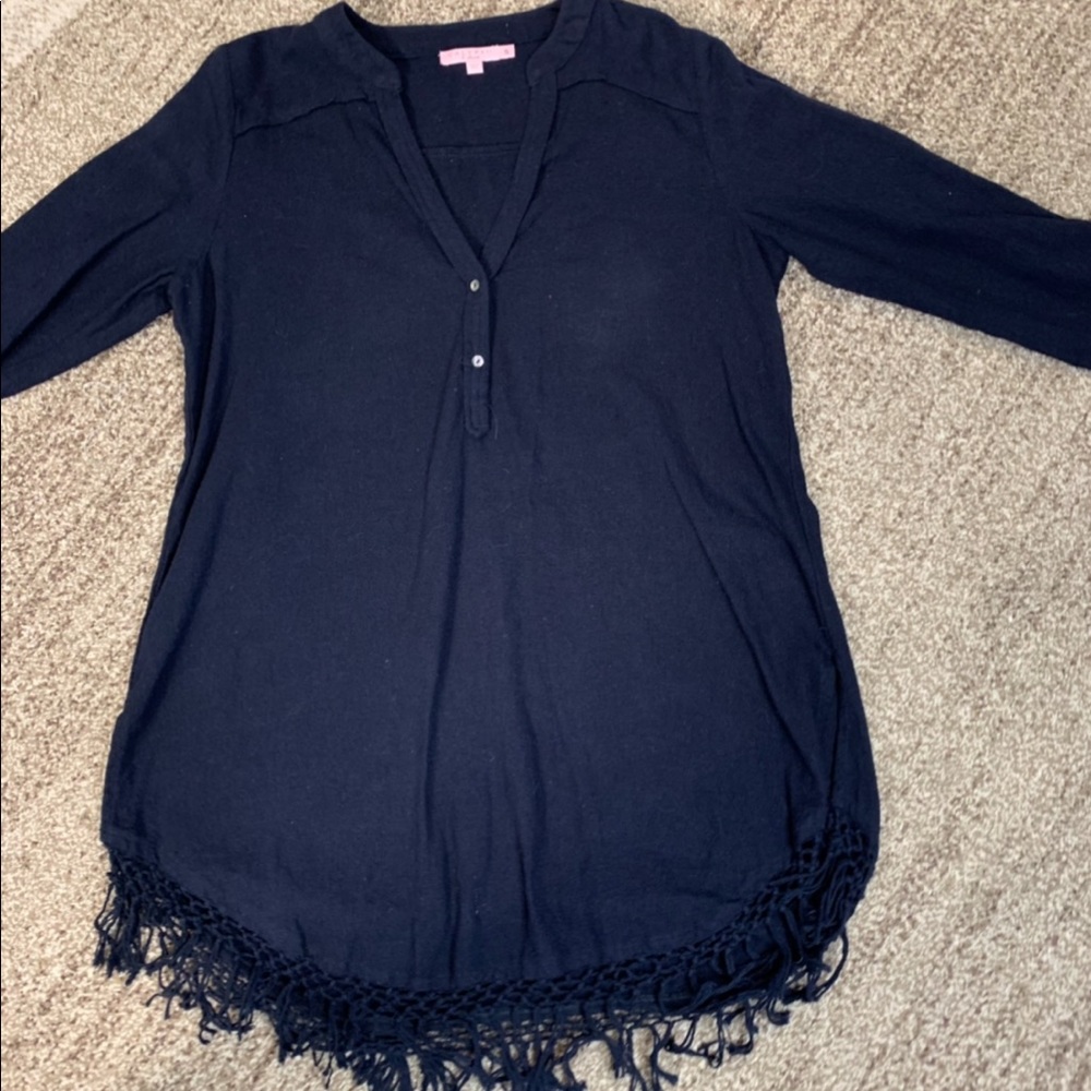 🔵 Calypso St. Barth 100% cotton tunic top Navy Blue, fringe hem S/M